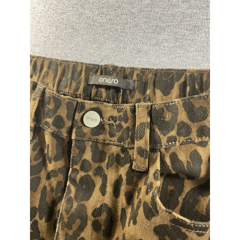 Oneso Leopard Print Wide Leg Jeans Women's Size 29 Brown High Rise Stretch Denim - Picture 3 of 7